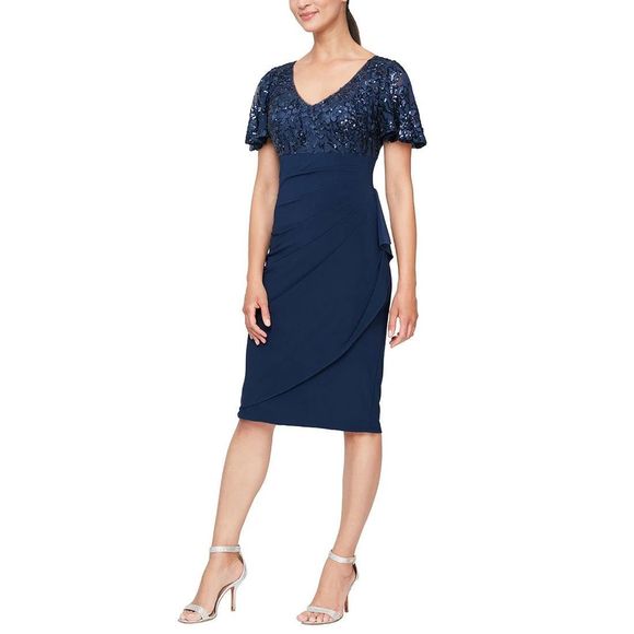 NEW Alex Evenings V-Neck Empire Waist Sequin Dress Navy Blue Size 6P Petite - Picture 1 of 10